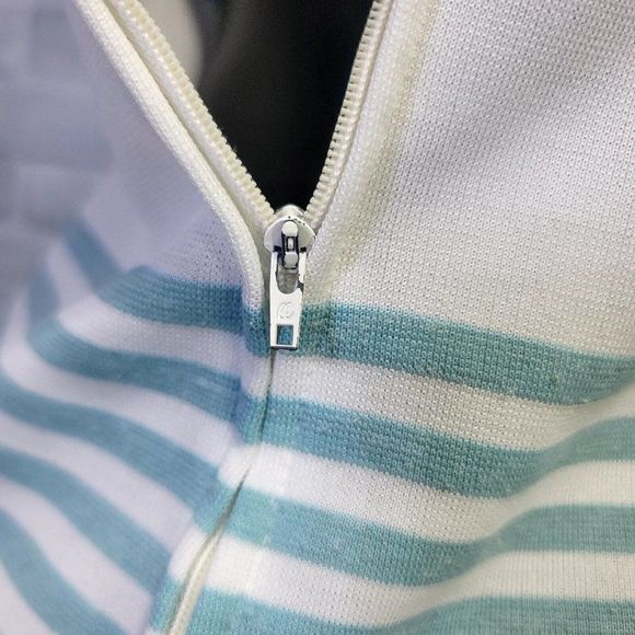 Vintage 70s Leslie‎ Fay Womens M Turquoise White Striped Dbl Knit Poly Dress - Picture 8 of 9